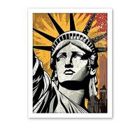Artery8 Statue of Liberty Comic Book Style Black Red Yellow New York City Skyscraper Artwork Framed Wall Art Print 18X24 Inch