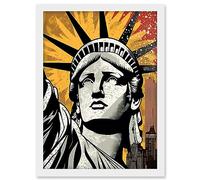 Artery8 Statue of Liberty Comic Book Style Black Red Yellow New York City Skyscraper Artwork Framed A3 Wall Art Print