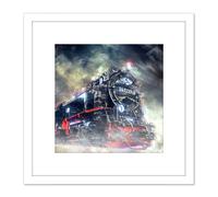 Artery8 Steam Engine Locomotive Train Engine Graphic 8X8 Inch Square Wooden Framed Wall Art Print Picture with Mount in White Artery8 White
