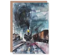 Artery8 Greeting Card Steam Train Arrival Yard Stormy Day Watercolour Blank For Him Or Her Art Birthday Card