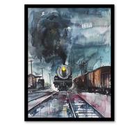 Artery8 Steam Train Arrival Yard Stormy Day Watercolour Framed Art Print in Blue | Size: A4 Artery8 Blue A4