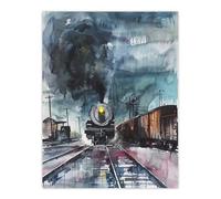 Artery8 Steam Train Arrival Yard Stormy Day Watercolour Living Room Large Wall Art Poster Print Thick Paper 18X24 Inch