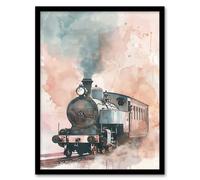 Artery8 Steam Train Blue Pink Watercolour Railfan Spotter Living Room Artwork Framed Wall Art Print A4