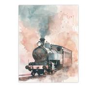 Steam Train Blue Pink Watercolour Railfan Spotter Wall Art Print Artery8 Pink W24 inch x H32 inch