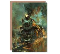 Artery8 Greeting Card Steam Train on Tracks Modern Painting Dark Blank For Him Or Her Art Birthday Card