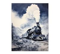 Wall Art Print Steam Train Ride Through Mountain Valley Blue Poster Picture Artery8 Blue W24 inch x H32 inch