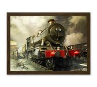 Steam Train Vintage Colour Red Green Vintage A4 Artwork Framed Wall Art Print Artery8 Brown One Size