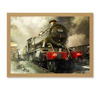 Steam Train Vintage Colour Red Green Vintage A4 Artwork Framed Wall Art Print Artery8 Light Oak One Size