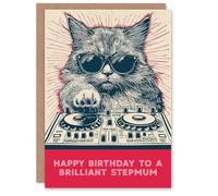 Artery8 Stepmum Happy Birthday Card DJ Moggie Retro Cool Cat On Decks Fun Funny For Her Greeting Card