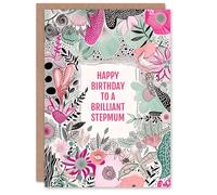Artery8 Stepmum Happy Birthday Card Elegant Modern Boho Wildflowers Pink Flowers For Her Greeting Card