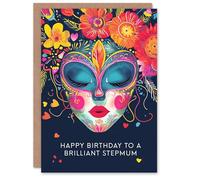 Artery8 Stepmum Happy Birthday Card Floral Headdress Love Hearts Flowers Venetian Mask For Her Greeting Card