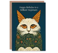 Artery8 Stepmum Happy Birthday Card Magnificent Moggie William Morris Style Elegant Retro Cat For Her Greeting Card
