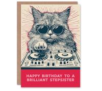 Artery8 Stepsister Happy Birthday Card DJ Moggie Retro Cool Cat On Decks Fun Funny For Her Greeting Card