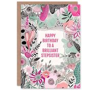 Artery8 Stepsister Happy Birthday Card Elegant Modern Boho Wildflowers Pink Flowers For Her Greeting Card