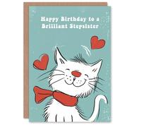 Artery8 Stepsister Happy Birthday Card Happy White Cat In Scarf Drawing Love Hearts For Her Greeting Card