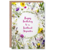 Artery8 Stepsister Happy Birthday Card Simple Spring Meadow Wildflowers Floral For Her Greeting Card