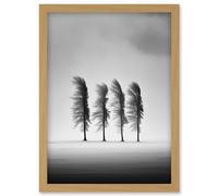 Wall Art Print Still Holding Strong Black and White Winter Landscape Photograph Wind Blowing on a Row of Cypress Hills Artwork Framed A4 Artery8 Light Oak A4