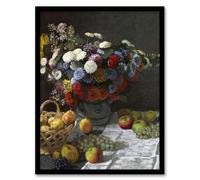 Artery8 Still Life with Flowers and Fruit Framed Wall Art Print A4 Artwork By Claude Monet : Fruit And Flower Print Perfect For Rustic Kitchen Or Cosy Lounge Wall Vintage Aesthetic