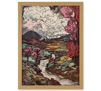 Artery8 Storm Brewing over River Landscape with Pink Trees Artwork Framed A3 Wall Art Print