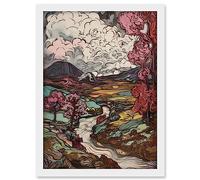 Artery8 Storm Brewing over River Landscape with Pink Trees Artwork Framed A3 Wall Art Print
