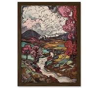 Artery8 Storm Brewing over River Landscape with Pink Trees Artwork Framed A3 Wall Art Print
