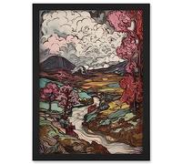 Artery8 Storm Brewing over River Landscape with Pink Trees Artwork Framed A3 Wall Art Print