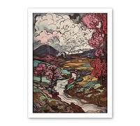 Artery8 Storm Brewing over River Landscape with Pink Trees Artwork Framed Wall Art Print 18X24 Inch
