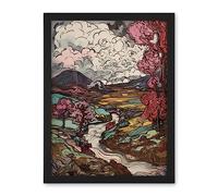 Artery8 Storm Brewing over River Landscape with Pink Trees Artwork Framed Wall Art Print 18X24 Inch
