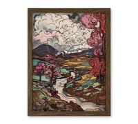 Artery8 Storm Brewing over River Landscape with Pink Trees Artwork Framed Wall Art Print 18X24 Inch