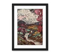 Artery8 Storm Brewing over River Landscape with Pink Trees Artwork Framed Wall Art Print 18X24 Inch