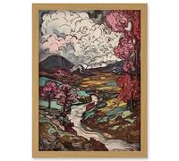 Artery8 Storm Brewing over River Landscape with Pink Trees Artwork Framed Wall Art Print A4