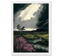Artery8 Storm Clouds at Scottish Meadow with Heather Shrub Artwork Framed A3 Wall Art Print