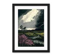 Artery8 Storm Clouds at Scottish Meadow with Heather Shrub Artwork Framed Wall Art Print 18X24 Inch