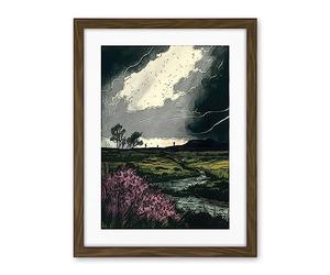 Artery8 Storm Clouds at Scottish Meadow with Heather Shrub Artwork Framed Wall Art Print 18X24 Inch