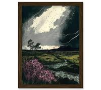 Artery8 Storm Clouds at Scottish Meadow with Heather Shrub Artwork Framed Wall Art Print A4