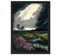Artery8 Storm Clouds at Scottish Meadow with Heather Shrub Artwork Framed Wall Art Print A4