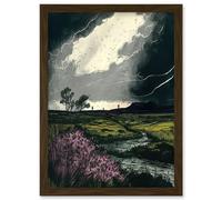 Artery8 Storm Clouds at Scottish Meadow with Heather Shrub Artwork Framed Wall Art Print A4 in Brown Artery8 Brown