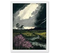 Artery8 Storm Clouds at Scottish Meadow with Heather Shrub Artwork Framed Wall Art Print A4