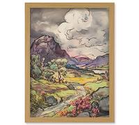Stormy Clouds over Hills Landscape Illustration Artwork Framed Wall Art Print A4 Artery8 Light Oak One Size