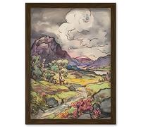 Stormy Clouds over Hills Landscape Illustration Artwork Framed Wall Art Print A4 Artery8 Brown One Size