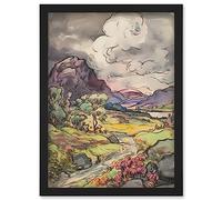 Stormy Clouds over Hills Landscape Illustration Artwork Framed Wall Art Print A4 Artery8 Black One Size
