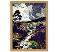 Stormy Clouds over Stream Wild Scottish Landscape Artwork Framed Wall Art Print A4 Artery8 Light Oak One Size