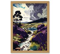 Artery8 Stormy Clouds over Stream Wild Scottish Landscape Artwork Framed Wall Art Print A4 in Light Oak Artery8 Light Oak