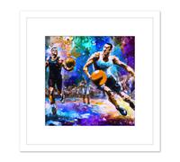 Artery8 Street Basketball Baller Courtside Colourful Splatter Abstract Oil Painting Square Wooden Framed Wall Art Print Picture 8X8 Inch in White Artery8 White