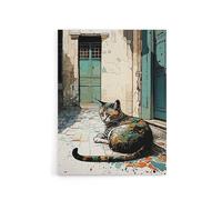 Artery8 Street Cat Sunbathing On Cobblestone Canvas Wall Art Print | Size: W18" x H24" Artery8 Multicolor W18" x H24"