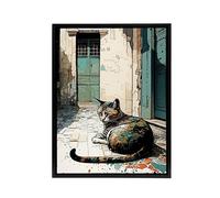 Artery8 Street Cat Sunbathing On Cobblestone Framed Canvas Wall Art Print | Size: W18" x H24" Artery8 Multicolor W18" x H24"