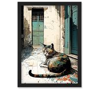 Street Cat Sunbathing on Cobblestone Street Modern Illustration Artwork Framed Wall Art Print A4 Artery8 Black One Size