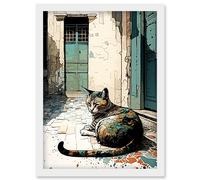 Street Cat Sunbathing on Cobblestone Street Modern Illustration Artwork Framed Wall Art Print A4 Artery8 White One Size