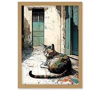 Street Cat Sunbathing on Cobblestone Street Modern Illustration Artwork Framed Wall Art Print A4 Artery8 Light Oak One Size
