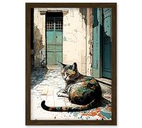 Street Cat Sunbathing on Cobblestone Street Modern Illustration Artwork Framed Wall Art Print A4 Artery8 Brown One Size